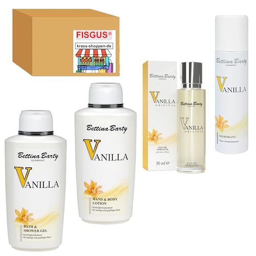 Bettina Barty Vanilla Pflege-Serie, Bath & Shower Gel 500ml - Hand & Body Lotion 500ml - Deo Spray 150ml - EdT 50ml - Zusammengestellt von FISGUS® by krass-shoppen-de