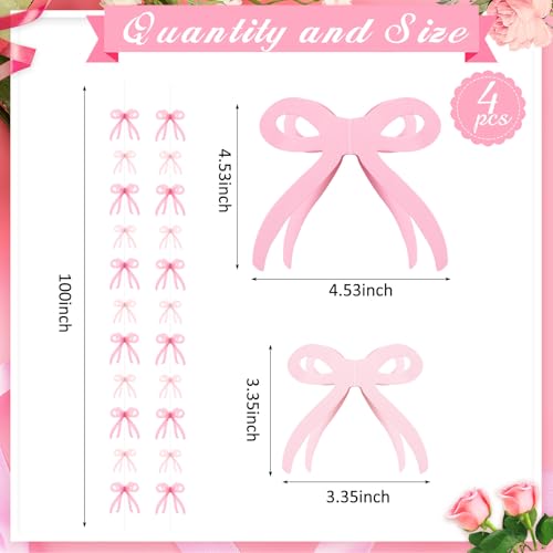 Image of Yeaqee 4 Pcs Pink Bow Hanging Garland Banner, 3D Pink Bow Banner Party Decorations for Coquette Bachelorette Party, Coquette Birthday Decor, Baby Shower, Bridal Shower, Bowtie Decor