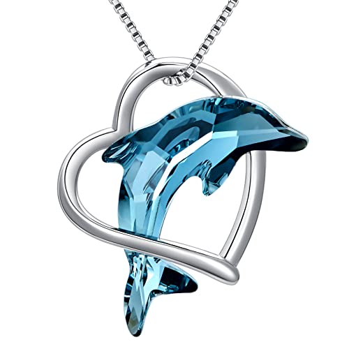 Flpruy Dolphin Gifts for Women 925 Sterling Silver Dolphin Necklace Ocean Themes Heart Necklace with Blue Crystal Dolphin Jewelry Gifts for Women Girls Mom Girlfriend Birthday