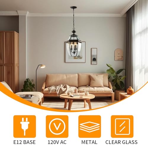 Image of Large Outdoor Pendant Light Fixture 3-Light, 20in Modern Bronze Outdoor Chandelier Hanging Porch Light, Metal Exterior Ceiling Mount Hanging Lantern with Clear Glass for Front Door, Entrance, Gazebo