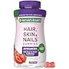 Natures Bounty Optimal Solutions Advanced Hair, Skin and Nails Pectin Gummies, 2x Biotin Per Serving, No Stick Gummy, Vegetarian Formula, Strawberry Flavor, 200 ct, 100 Total Servings