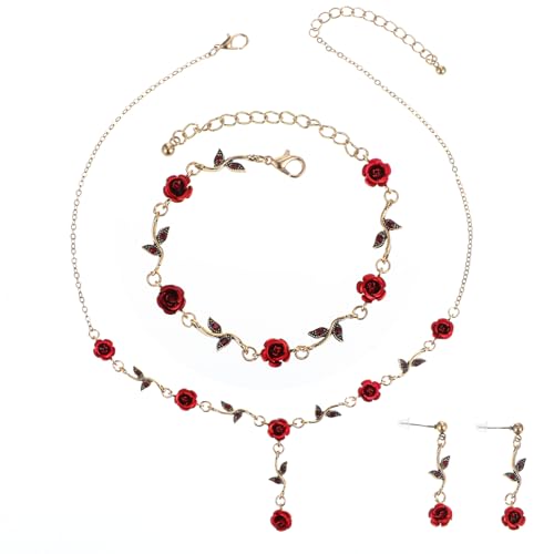 CIATBYYJ Ensemble de bijoux romantiques avec rose rouge pour femme, collier, boucles d'oreilles et bracelet, bijoux vintage hypoallergéniques, pour mariage,...