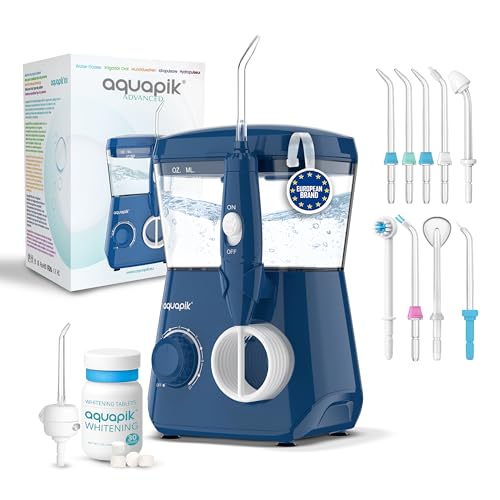 Irrigador dental con cápsulas blanqueadoras Aquapik Advanced – elimina manchas y placa, 10 boquillas, 10 niveles de presión, ideal para ortodoncia, implantes y encías sensibles, cuidado bucal premium