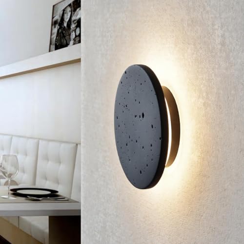 Image of Black Wall Sconce Indoor,Hallway Sconces Wall Lighting Round,Led Cement Wall Lamp Hardwired,Minimalist Wall Mount Light Flat Design,Modern Sconces Lighting for Bedroom,Living Room,12w 3000k,Warm White