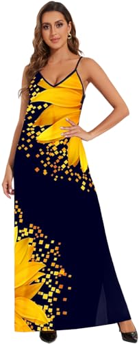 Image of Women's Maxi Sunflower Dresses Sleeveless Long Tie Dye Dress Casual Sundresses with Pockets