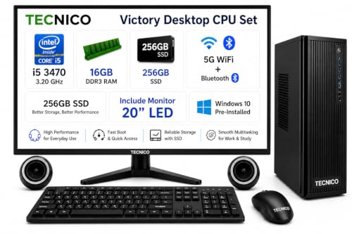 TECNICO Desktop CPU Set, Core i5-3470 3.2GHz, 16 GB DDR3 RAM, 256 GB SSD, Keyboard Mouse Set, WiFi 6, Bluetooth, Speakers, (Include Monitor 20" Led)