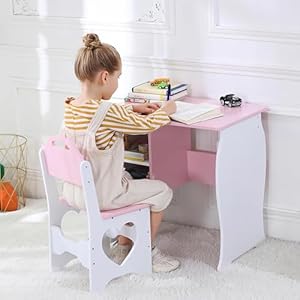 Kids Desk and Chair Set, Children Study Desk with Storage Shelf, Wooden School Study Table, Writing Table for Home School Use(Pink White) Kids Desk and Chair Set Children Study Desk with Storage Shelf Wooden School Study Table Writing Table for Home School UsePink White