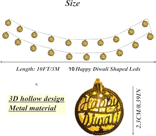 Image of MoonlitDreams 3 Meter 10 Happy Diwali Round Metallic Led String Lights, Golden Diwali Lights for Decoration for Home, Mandir & Festive Ambient Light for Diwali Decor (Plug-in)