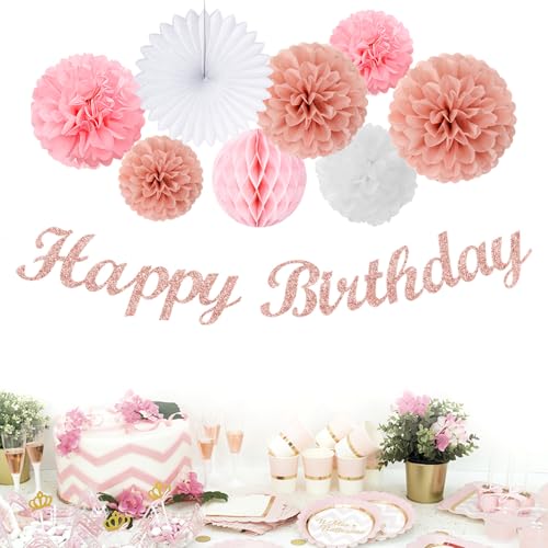 Image of Light-Pink Rose-Gold Birthday Garland Party-Decorations - 14pcs Happy Banner Women Paper Flowers Lanterns Tissue Pom Poms,Streamers Fans Honeycomb Girls Adult Women Kids Hanging Supplies Decor Hugfond