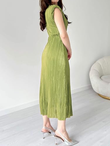 Image of Pleated Maxi Dress Wedding Guest Cocktail Shoulder Pad Crewneck Sleeveless Front Twisted Elegant A-Line Dress