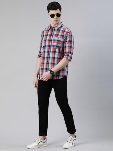 Image of JOVEN Men Slim Fit Pure Cotton Brown and Dark Green Casual Checked Shirt