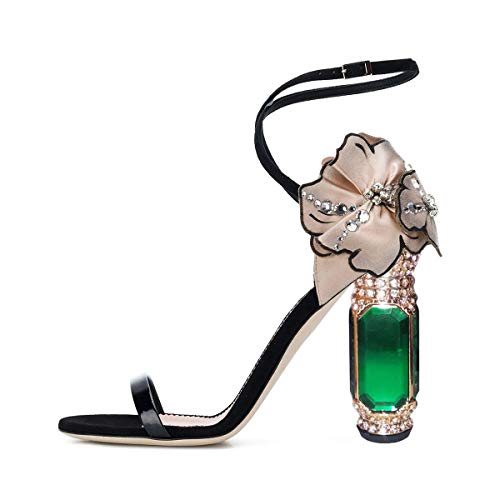 FSJ Women Open Toe Stylish Sandals Ankle Strap Chunky Block High Thick Heels Wedding Party Ballroom Sexy Prom Shoes Size 4 Flower