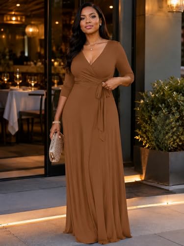 Image of PinkPatty Plus Size Maxi Dress for Women 3 /4 Sleeve Casual Long Dress | Soft stretchy fabric, functional pockets, flattering wrap v neck for vacation, casual wear and everyday styling