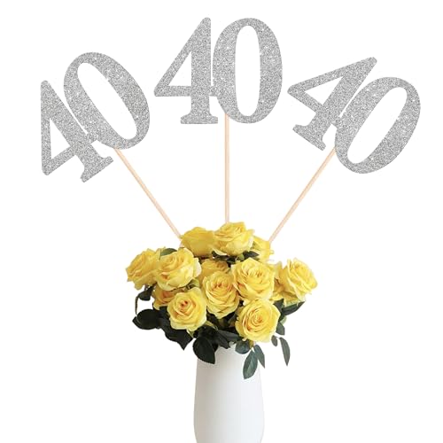 12 Pack Silver 40th Birthday Anniversary Centerpiece Sticks, Glitter 40th Birthday Party Decorations, Number 40 Table Toppers for 40th Birthday Wedding Anniversary Party Table Decorations
