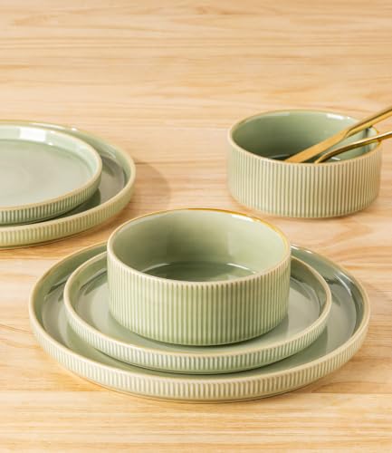 Image of Ceramic Dinnerware Set for 4, 12-Piece Plates and Bowls Set | Lightweight Porcelain Dish Set, Scratch Resistant, Oven & Microwave & Dishwasher Safe, Duck Egg Green