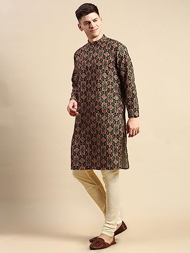 Image of Men's Black Art Silk Regular Fit Ethnic Motifs Kurta | Indian Kurta | Festive Ethnic Kurta with Embroidered Packet