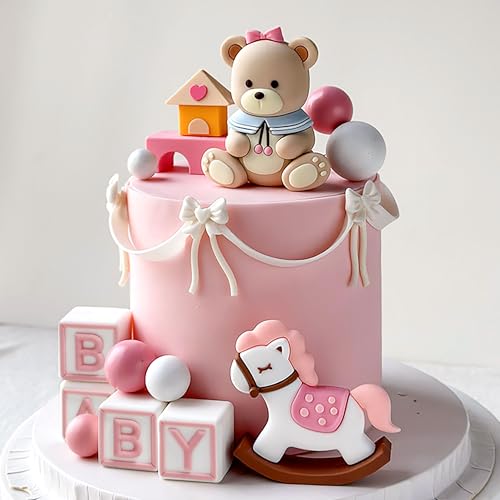 JeVenis Pink Bear Cake Decoration Pink Gold Balls Cake Topper