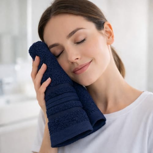 Image of Cotton Face Towel Pack of 4, 100% Cotton Towels, Soft Absorbent Small Gym Towel for Face, 400 GSM Quick Dry Bathroom & Travel Towels Men & Women, 30 x 30 cm, Beige & Navy