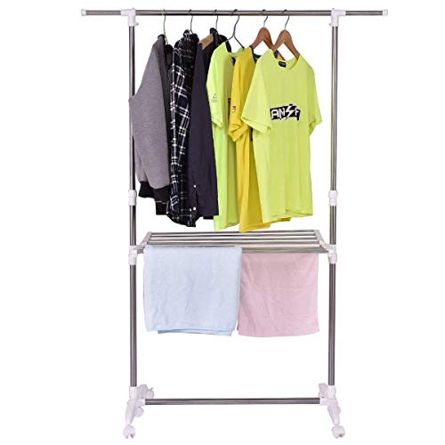 Tangkula Clothes Garment Rack Adjustable Heavy Duty Folding Extendable Towel Clothing Storage Organizer with Wheels and Shelf Silver and White with Shelf Wheels
