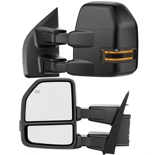 Image of Power Heated Tow Mirrors Compatible with Ford Super Duty(2017-2020), Extended Trailer Towing Side Mirrors w /Turn Signal fits F250 F350 F450 F550, Includes Puddle Light, Spot Auxiliary Light Mirror