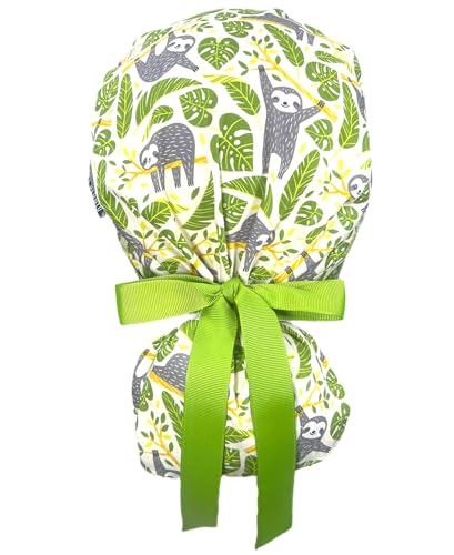 Image of Scrub Cap for Women and Men, Ponytail Scrub Caps, Working Hat, Head Cover with Ribbon Ties and Buttons, Long Hair