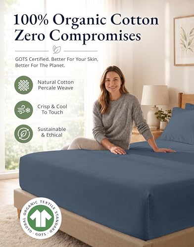Image of LANE LINEN Full Fitted Sheet, 100% Organic Cotton, 3Pc Set (1 Fitted Sheet,2 Pillowcases), Percale Weave, Full Bed Bottom Sheet, Ultra Soft, Fits Mattress Upto 15 inch Deep - Estate Blue (No Flat Sheet)