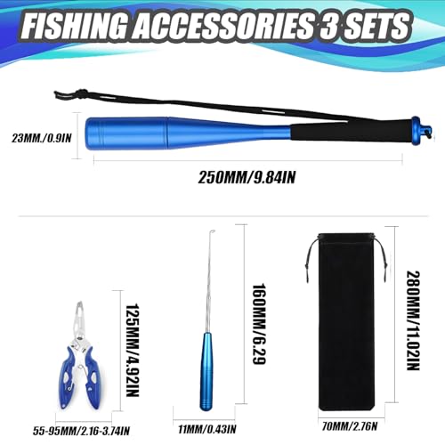 YUJUVI Fischtöter Angelzange 3-teiliges Angelzubehör Hakenlöser Fischbetäuber Set Aluminium Fisch Totschläger Angeln Zange Disgorger Forelle Angel Werkzeug mit Tasche (Blau)