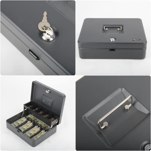 Sgorlds Cash Box Key Lock On Top, Cash Box With Money Tray And Key Lock With 4 Bill 5 Coin Slots,Large Safe Lock Box With Key,Portable Steel Money Saving Organizer For Security 11.8 L X 9.5 W X 3.5H Grey #TOP5