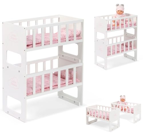 ELLA & PIET® Puppenetagenbett STOCKY Two, Stapelbares Holz Etagenbett in Weiß-Rosa, Spielzeugbett für Puppen, ab 3 Jahre, mit Bettwäsche