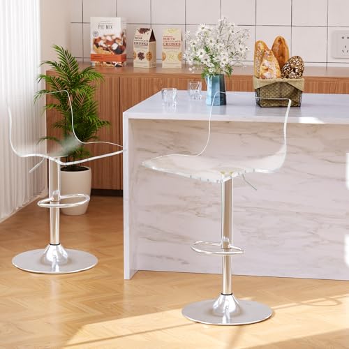 Vogue Furniture Direct Clear Acrylic Bar Stools Set of 2 Adjustable Swivel Barstools with Backrest & Footrest Modern Transparent Counter Stools for Kitchen Island Bar Caf Pub (Chrome Base)