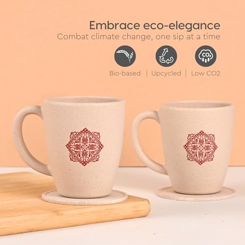 Image of Eha Earth-Friendly Wedding Gifts for Couple | Gifts Made with Rice Husk Biocomposite | Mandala Printed Mug and Coasters Set of 2, Keychain, Loopac Box | 300 ml | Sand Castle
