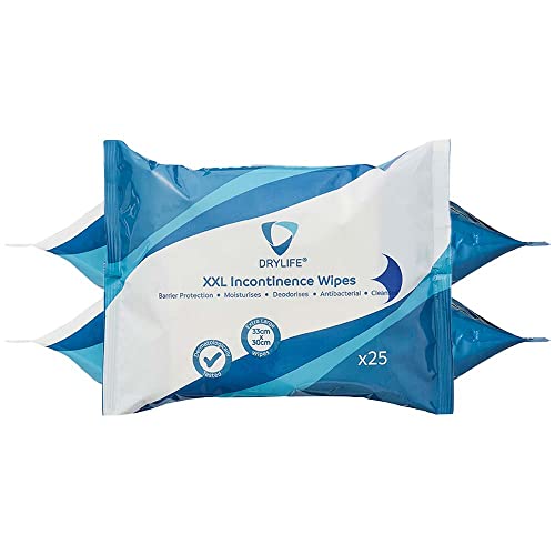 Drylife Premium 5-in-1 Fragranced Disposable XXL Incontinence Wipes | Moisturising Antibacterial Barrier Protection Skin Cleansing Cloths (3 Packs of 25)