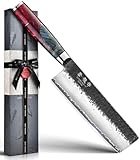 Japanese Nakiri Knife, 7 Inch Hand Forged Chef Knives with VG10 Steel, Professional Kitchen Knives, Ultra Sharp Vegetables Knife with Ergonomic Red Handle, Cooking Gifts for Men and Women
