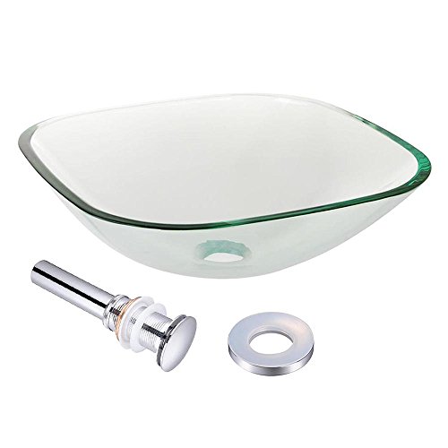 Aquaterior Square Tempered Glass Vessel Sink Basin With Chrome Mounting Ring And 1 5/8" Pop Up Drain Combo Set Bathroom #TOP13