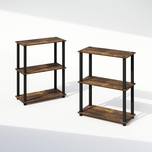 Image of Furinno Turn-S-Tube Storage Shelves Set of 2, 3-Tier Book Shelf, Corner Shelf, Toolless Open Shelves, Square Tubes, for Organization and Storage, Living Room, Garage, Home Office, Amber Pine