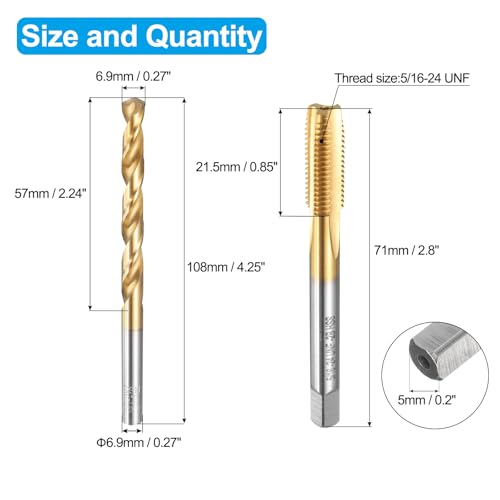 QUARKZMAN Gewindebohrer und Bohrer Set, 5/16-24 UNF Geradnuten-Gewindeschneidbohrer & 6,9 mm Spiralbohrer, Titanbeschichteter HSS-6542 Gewindeschneidwerkzeugsatz