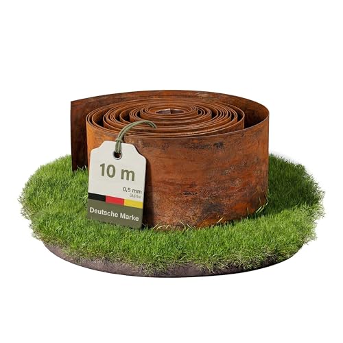 Dönges Rasenkante aus Cortenstahl 10 m - Beeteinfassung aus Metall 14 cm hoch - Einfache Montage - Beetumrandung mit Rostoptik, 0,5mm Dicke