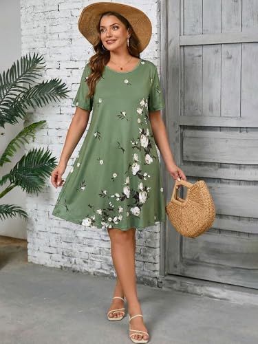 Image of AusLook Plus Size Midi Dress for Women Casual Summer Short Sleeve A Line Swing Dress with Pocket Round Neck Flowy Dress 1X-5X
