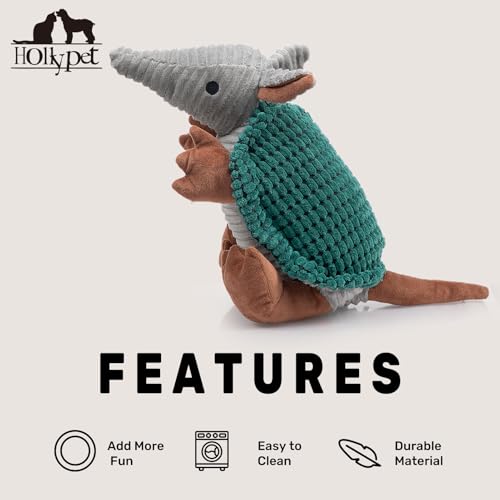 Image of Hollypet Plush Dog Squeaky Toy Stuffed Armadillo Animal Pet Puppy Chew Toys with Clean Teeth for Small Medium Large All Breed Sizes Dogs, Deep Green, 14 in