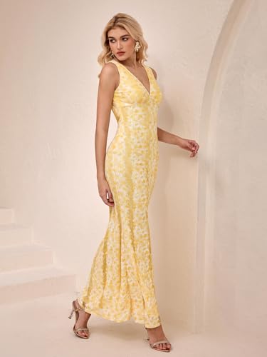 Image of Parthea Summer Wedding Guest Dresses for Women V Neck Backless Elegant Sleeveless Floral Lace Bodycon Maxi Dress