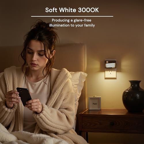 Image of L LOHAS LED Motion Sensor Night Lights, [2 Pack] Dimmable Night Light Plug into Wall with Dusk-to-Dawn Sensor, Adjustable Brightness, 3000K Plug in Nightlight for Bedroom Bathroom Hallway (Black)