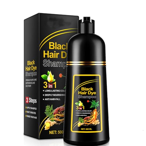 Shampoing Colorant Noir pour Hommes et Femmes, Naturelle et Durable Hair Dye Shampooing 3 en 1 Teinture Instantanée pour Cheveux Colorés Capillaire Longue Durée, Effet anti-gris 500ml