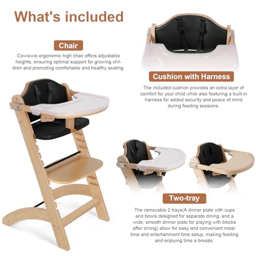 Image of Cowiewie New Upgrade 3-in-1 Convertible Wooden High Chair for Babies & Toddlers 10 Levels Adjustable 3-Tier Remove 2 Waterproof Cozy Cushions Black