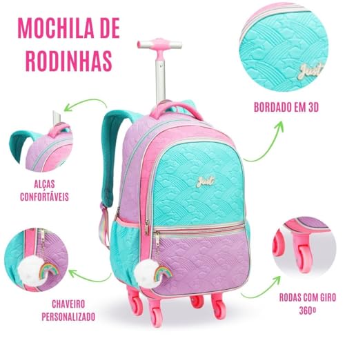Kit Escolar para Meninas, Mochila com Rodinhas + Estojo com Divisórias + Lancheira Térmica com Alça