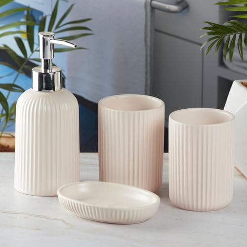 Image of SaSaSa Ceramic Bathroom Accessories Set of 4 Modern Bath Set with Soap Dispenser & Toothbrush Holder, Luxury Home & Gift Idea, Beige (9631)