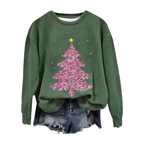 Suéter de invierno con cuello redondo para mujer, diseño de árbol de Navidad, cáncer de mama, suelto, casual, manga larga, con cremallera, sin capucha, verde, XL