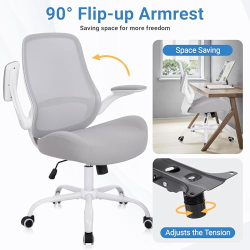 Image of HYLONE Office Chair Ergonomic Desk Chair with Flip up Armrests, 5 inch Thickened Seat Computer Chair with Mesh Back Home Office Computer Chairs for Long Hours Mesh Executive Chair(White Base & Grey)