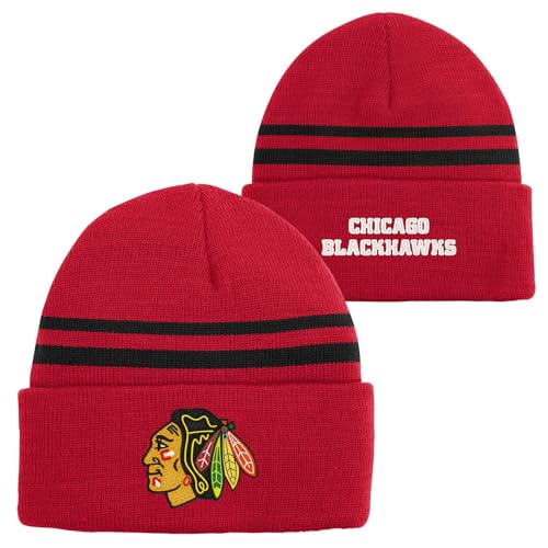Outerstuff NHL Kids Youth 8-20 Official Cold Weather Striped Cuffed Knit Beanie Hat (US, Alpha, One Size, Chicago Blackhawks)