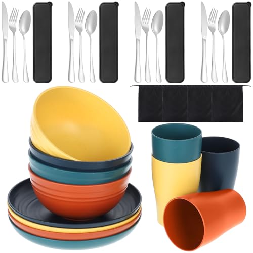 32-Piece Wheat Straw Dinnerware Set, Unbreakable Portable Camping Mess Kit