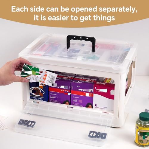 Image of HEY FOLY 30qt Medicine Organizer Storage Box with 4-Side Opening Doors, White Foldable Medication Organizer Empty, Container Case Stackable First Aid Box for Home Storage